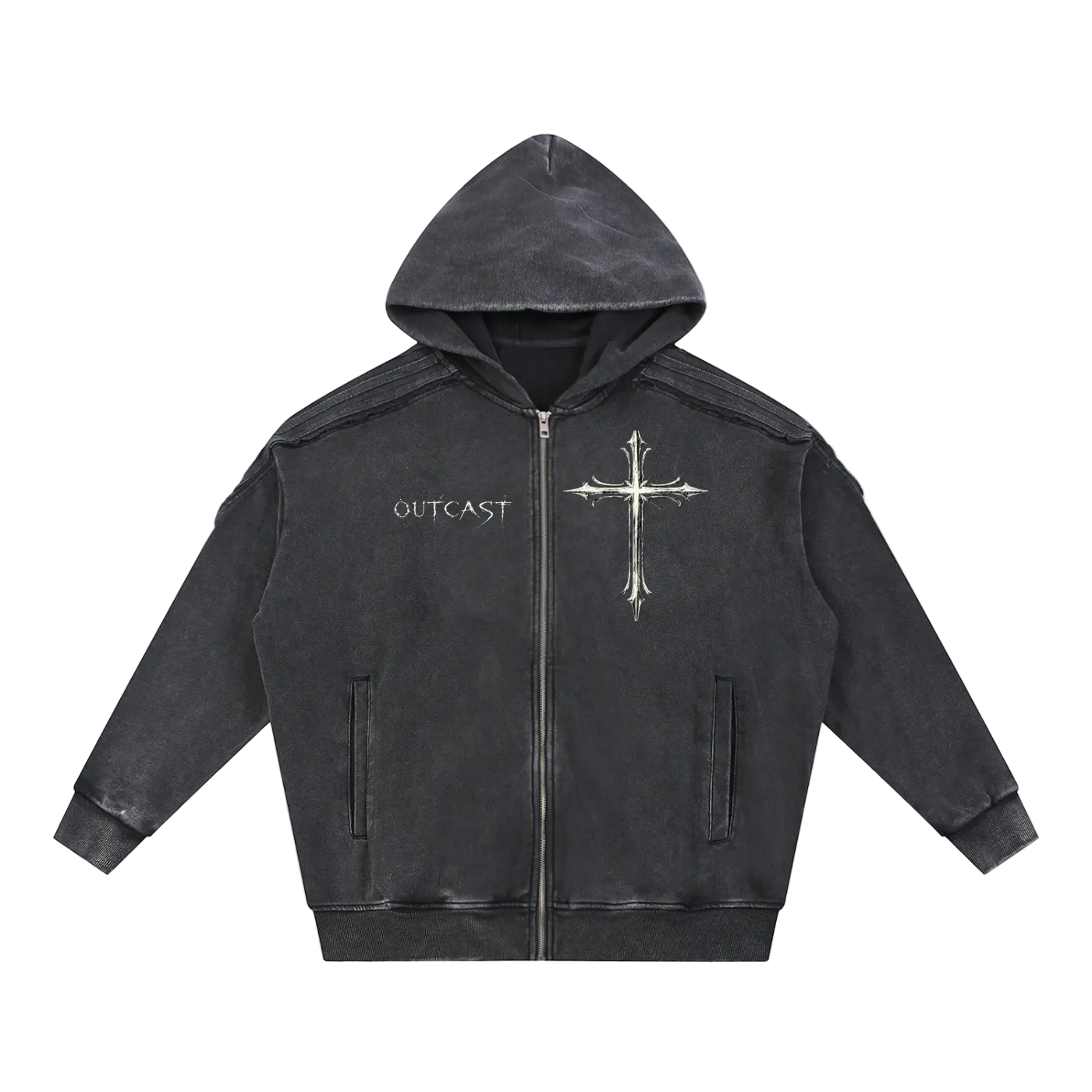Snow Washed Tape Raw Edge Zip Hoodie