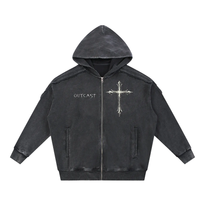 Snow Washed Tape Raw Edge Zip Hoodie
