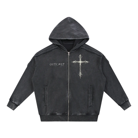 Snow Washed Tape Raw Edge Zip Hoodie